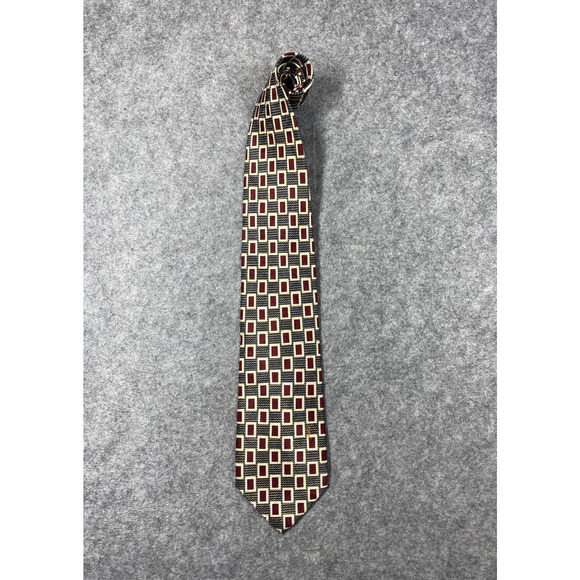 Yves Saint Laurent Silk Tie Mens Navy Burgundy Geometric YSL Jacquard Necktie - Picture 1 of 9